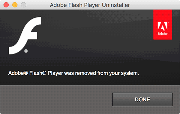 Schermata che conferma il completamento della disinstallazione di Adobe Flash