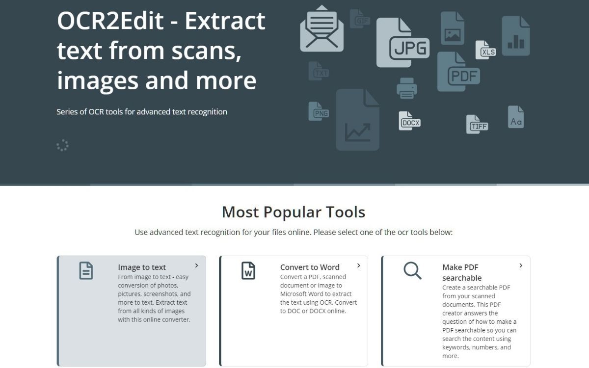 Снимок страницы OCR2Edit с выделенной функцией Image to Text