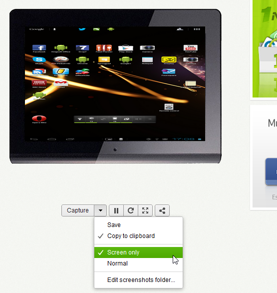 Меню захвата экрана и опции полноэкранного зеркалирования