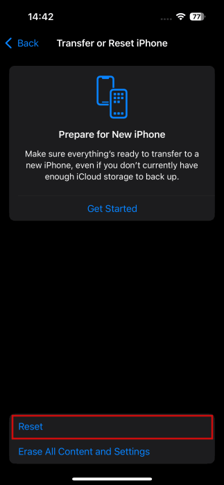 Кнопка Сброс в настройках iPhone