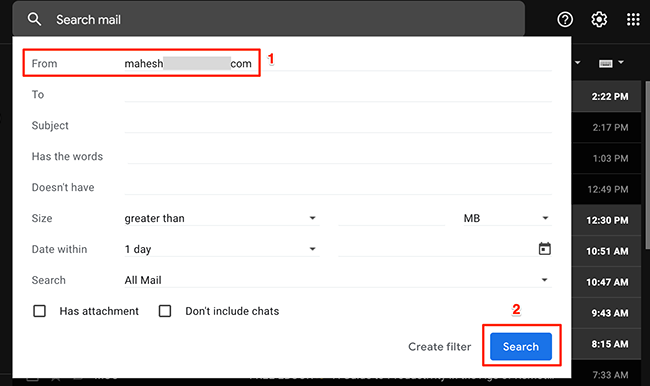 Ввод адреса отправителя в поле «От кого» и запуск поиска