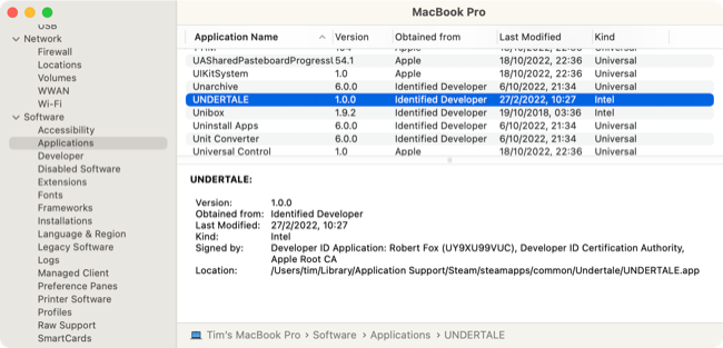 Проверка типа приложения в System Information на macOS