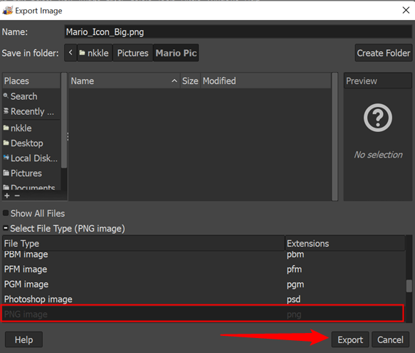 Выберите PNG в списке расширений и нажмите «Экспортировать»
