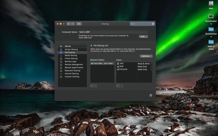 Включение общего доступа к файлам в macOS
