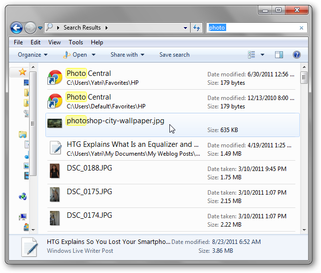 Скриншот: пример базового поиска по слову photo