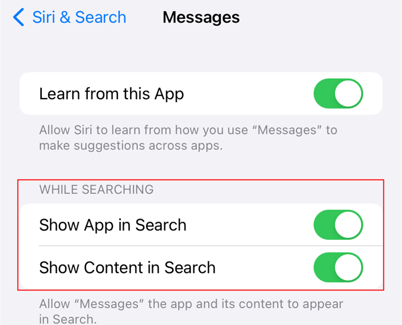 Включение опций «Показывать приложение в Поиске» и «Показывать контент в Поиске». 