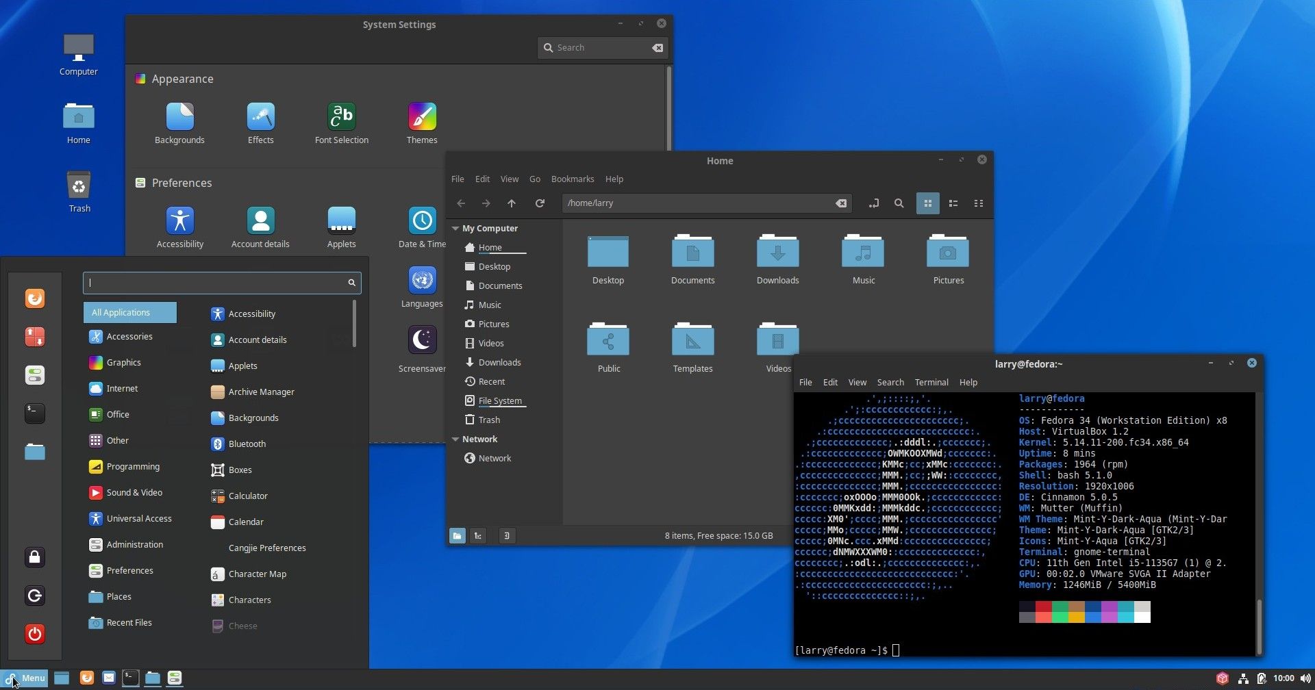 Меню рабочего стола Cinnamon в Fedora
