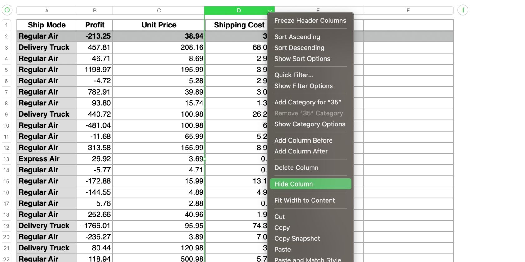 Опция Скрыть столбец в Numbers на Mac