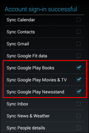 Параметры синхронизации аккаунта Google: включение/выключение синхронизации Книг, Фильмов и ТВ