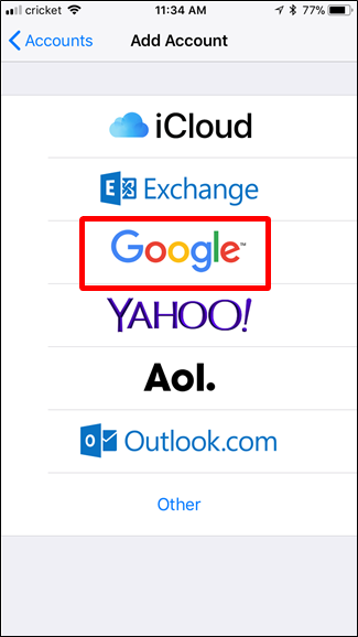 Выбор Google при добавлении новой учётной записи на iPhone