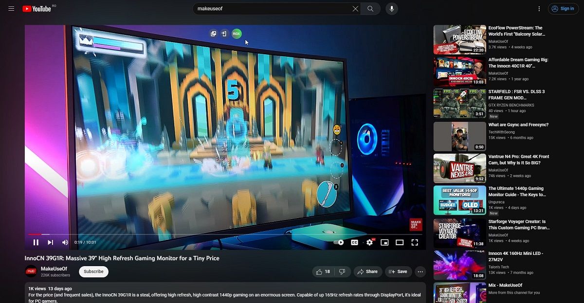 Кнопка RGX поверх видеоплеера YouTube в Opera GX