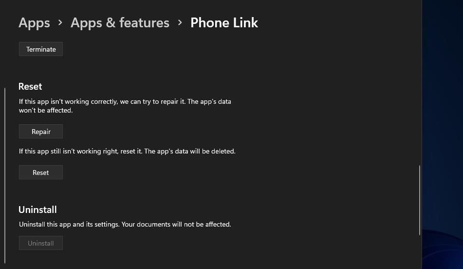 Опция Сброс для Phone Link