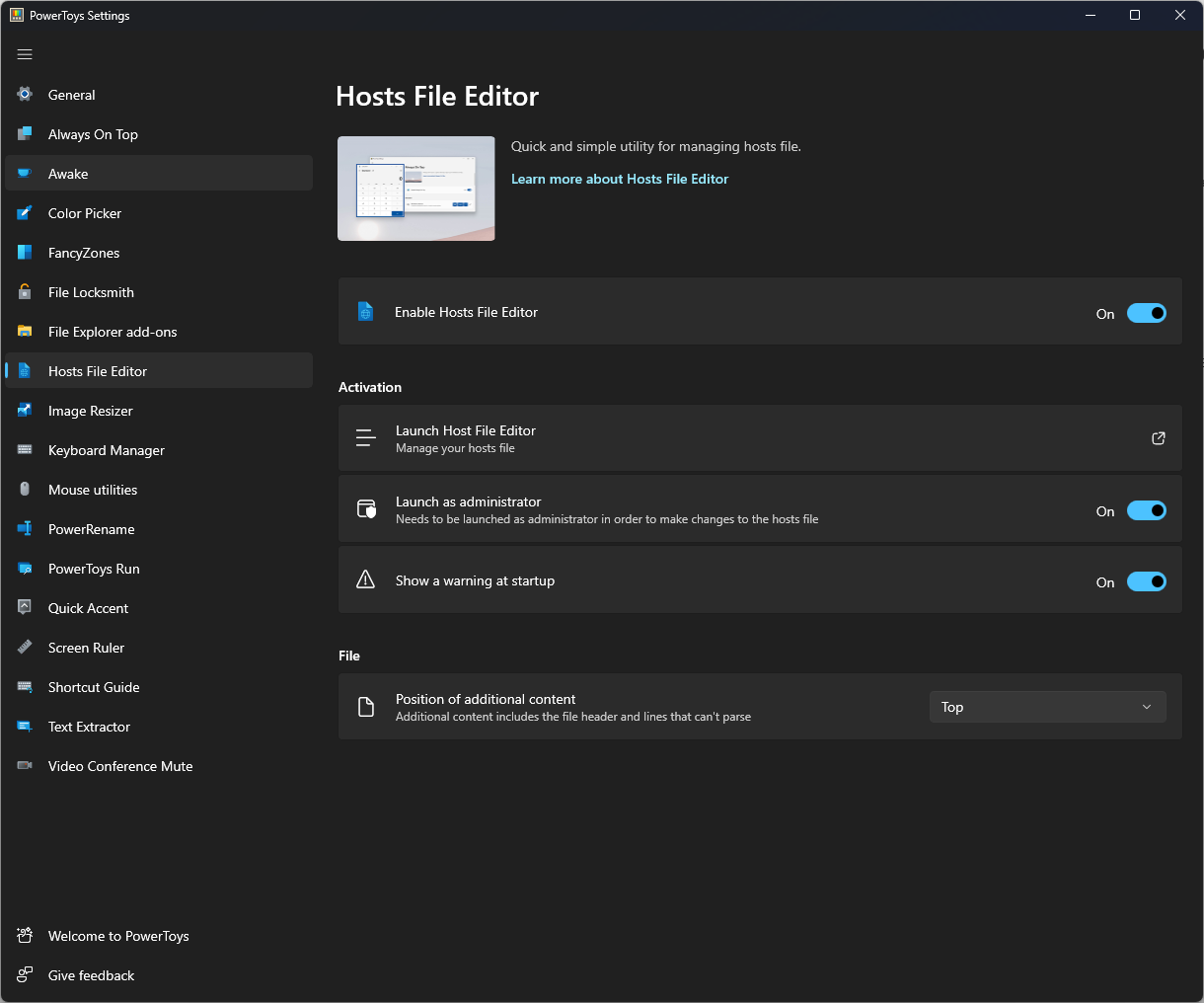 Редактор файла hosts в PowerToys