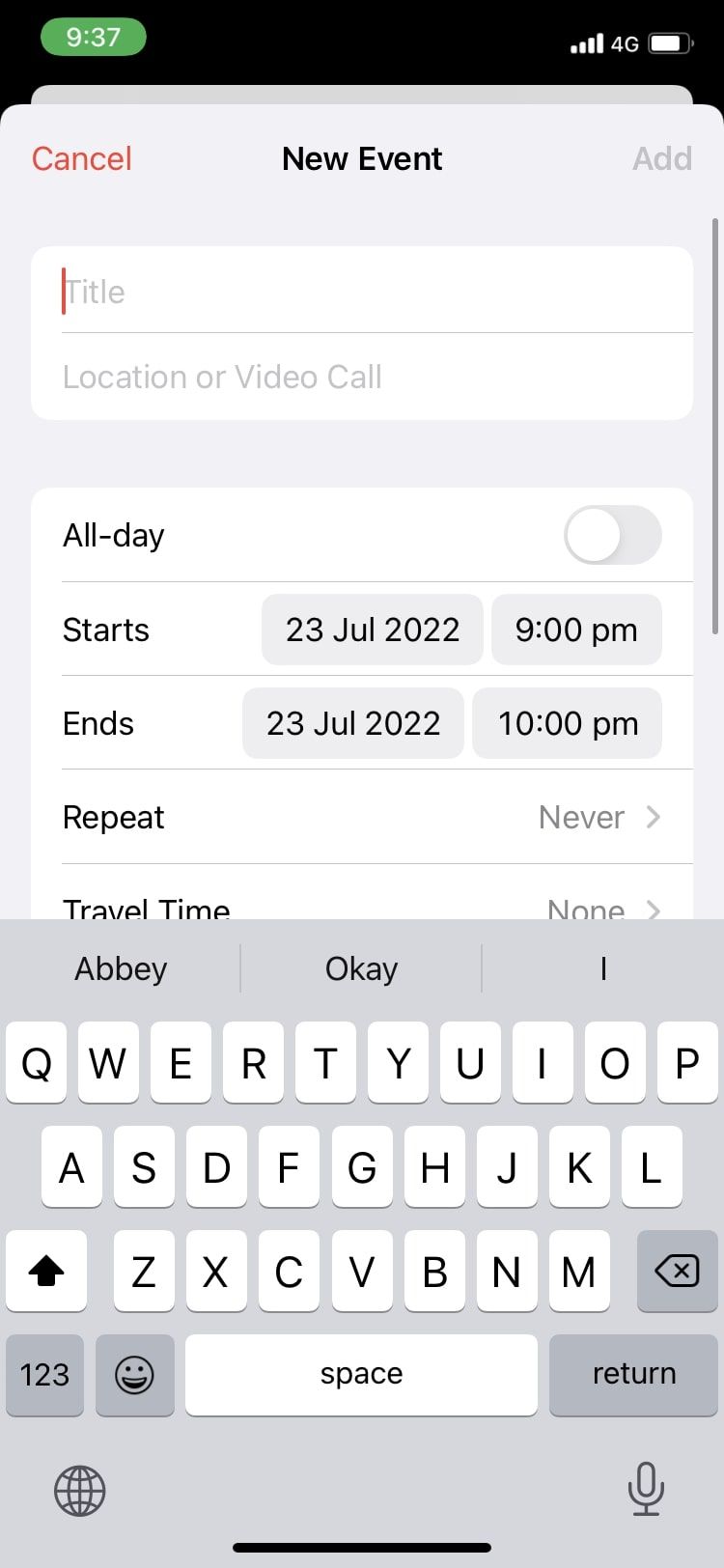 создание события — форма с полями Название и Время