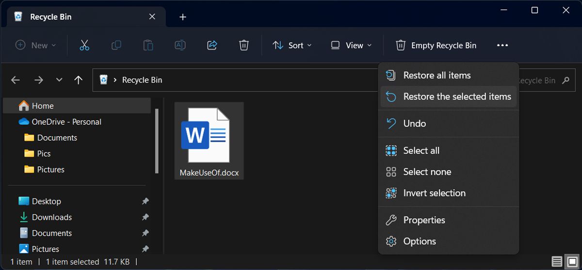 Проверка Корзины для восстановления документов