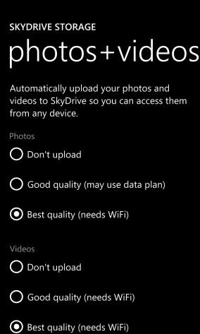 Настройки авто‑загрузки фото и видео в SkyDrive/OneDrive