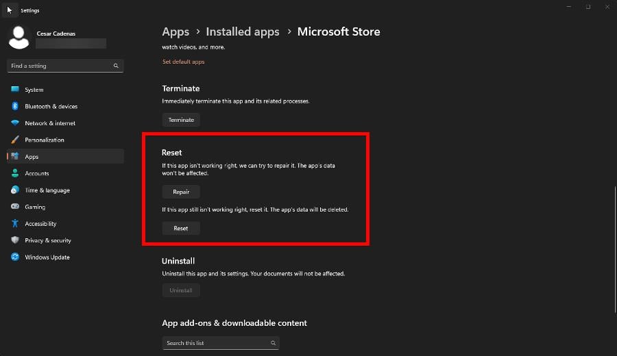 Кнопки «Восстановить» и «Сброс» для приложения Microsoft Store