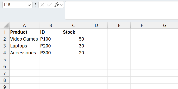 Данные об остатках товаров в Excel.