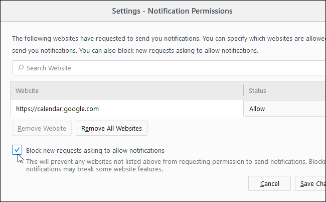 Блокировка запросов уведомлений в Firefox