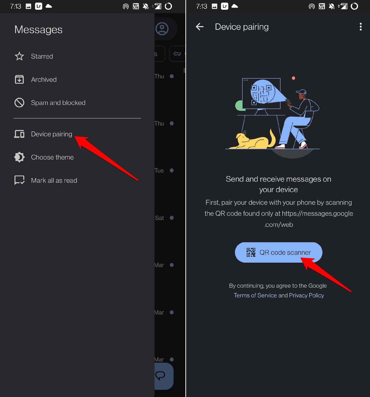 Сканирование QR-кода в приложении 'Сообщения' для привязки устройства.