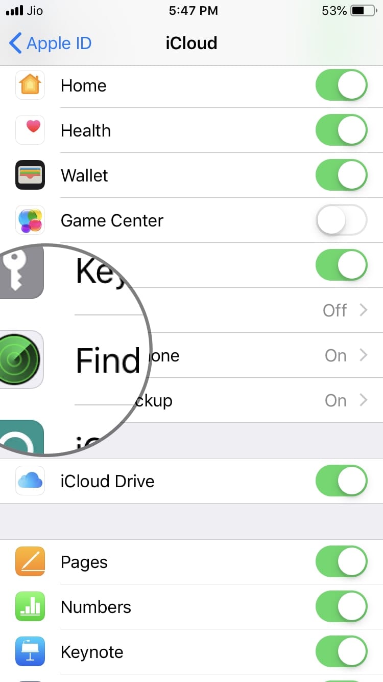 Опция «Найти iPhone» — переключатель в положении вкл/выкл