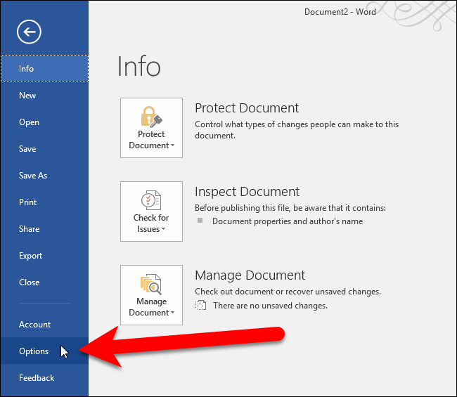 Выбор Параметры в меню Файл