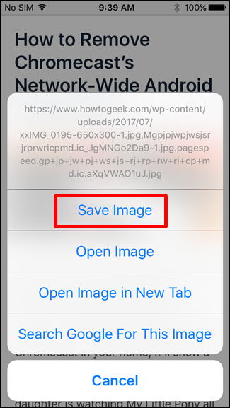 Меню долгого нажатия в Safari с опцией сохранения изображения