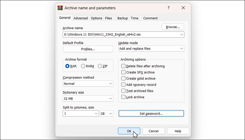 Диалог добавления архива WinRAR в Windows 11