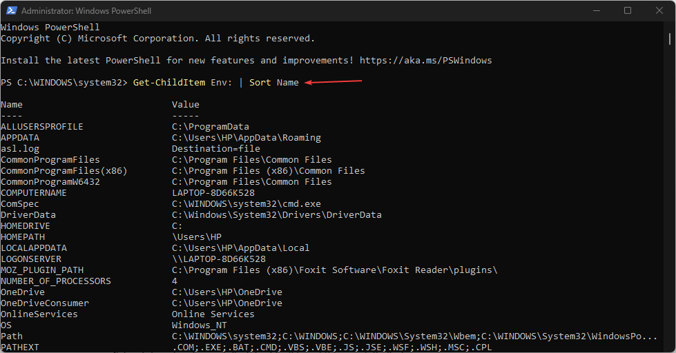 Скриншот: команда Get-ChildItem Env в PowerShell
