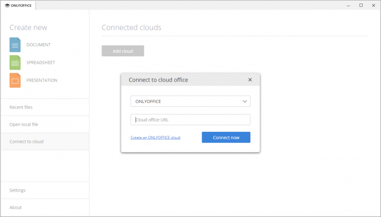 Janela de conexão do ONLYOFFICE Desktop com o servidor