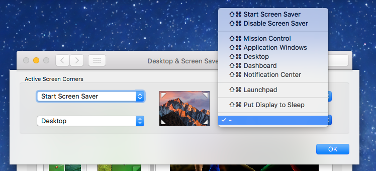 Пример: верхний левый угол запускает заставку, нижний левый показывает Рабочий стол