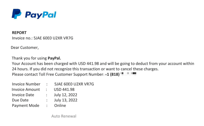 Поддельный счёт-фактура с логотипом PayPal