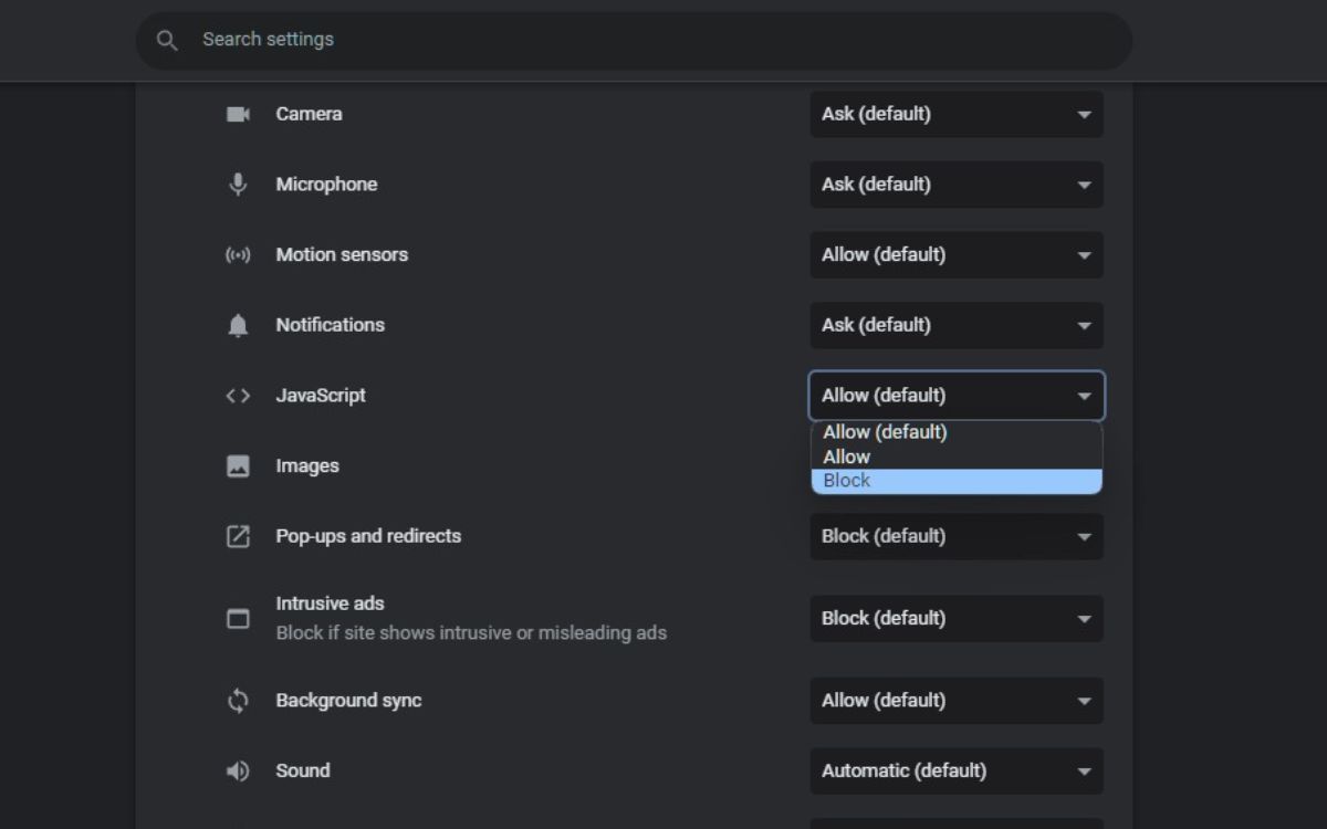 Настройки сайта с опцией блокировки JavaScript