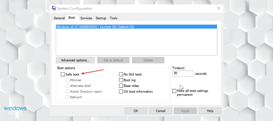 Вкладка Boot в System Configuration с опцией Safe Boot