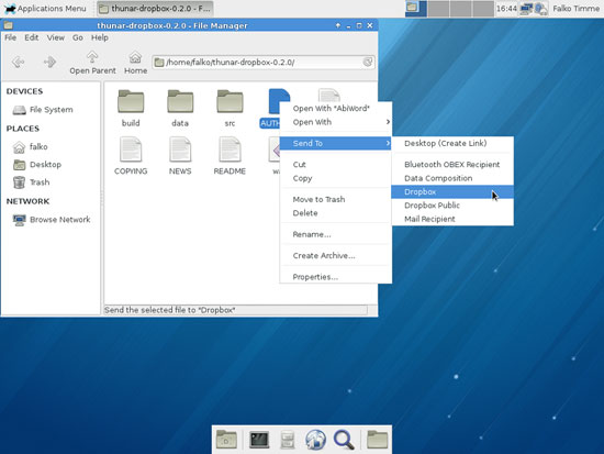 Контекстное меню Thunar с опцией 'Отправить в Dropbox'