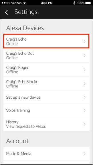 Список устройств Echo в приложении Alexa