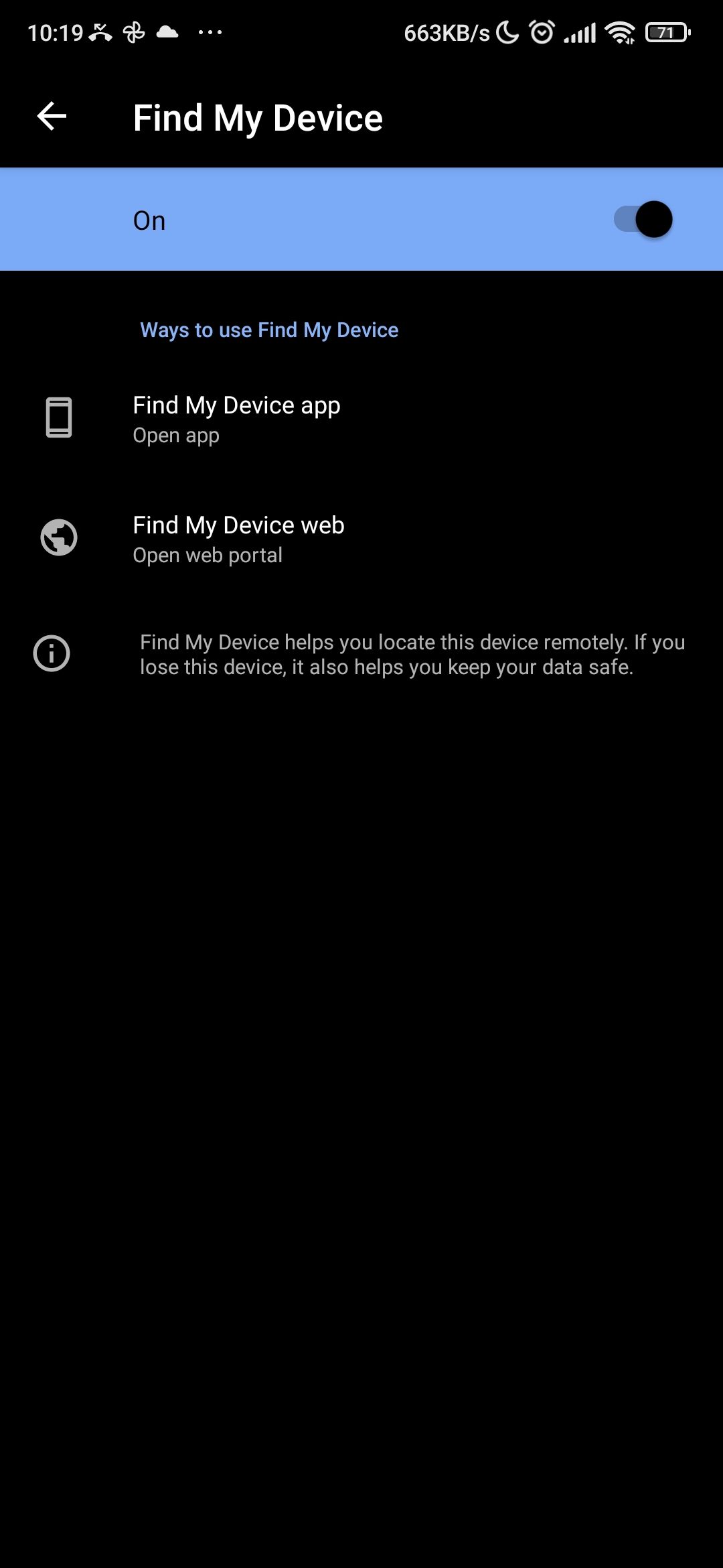 Включённая функция «Найти устройство» в Android