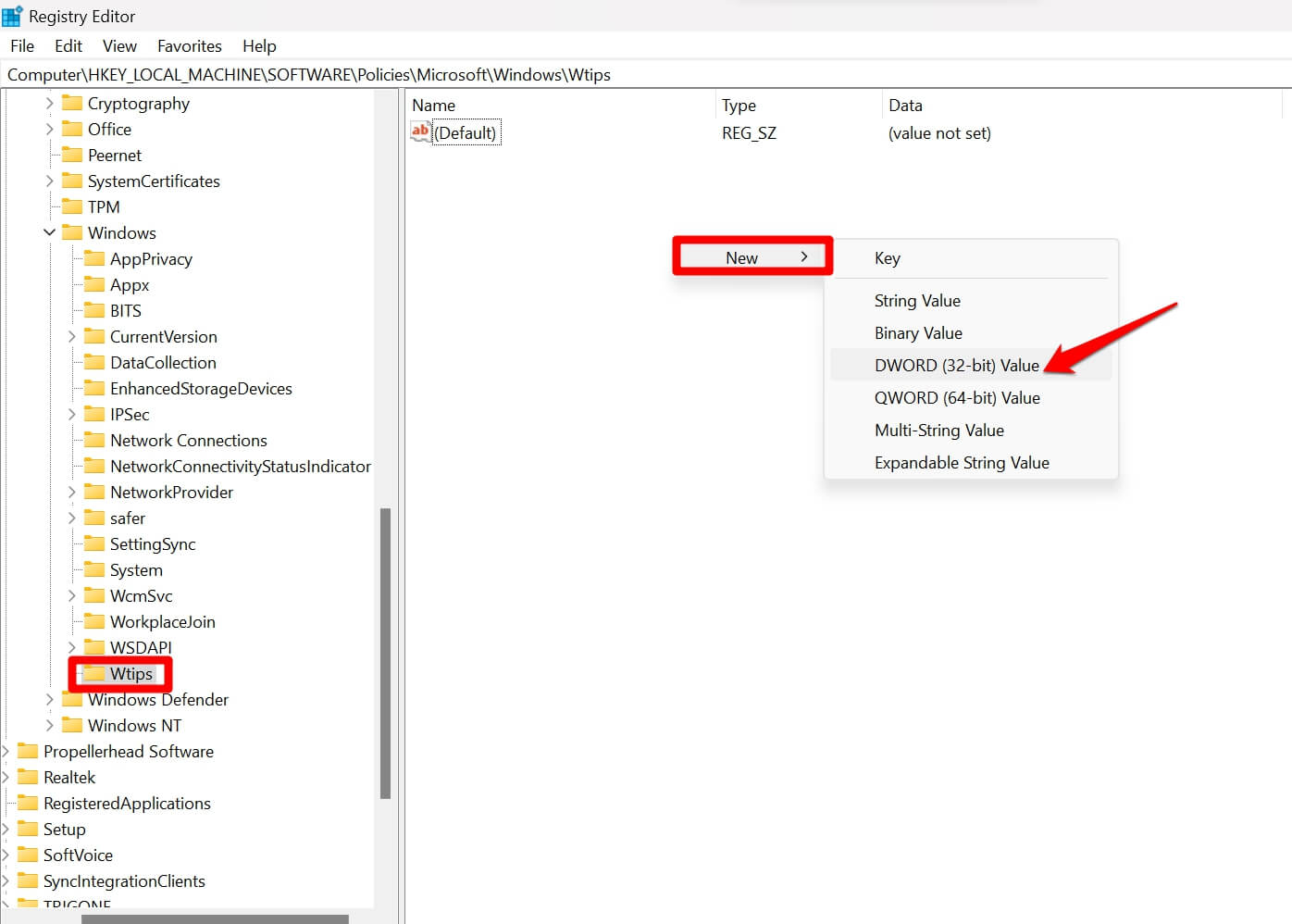 Создать новое DWORD значение для подраздела WTips