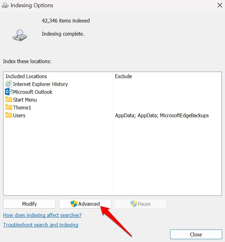 advanced indexing options