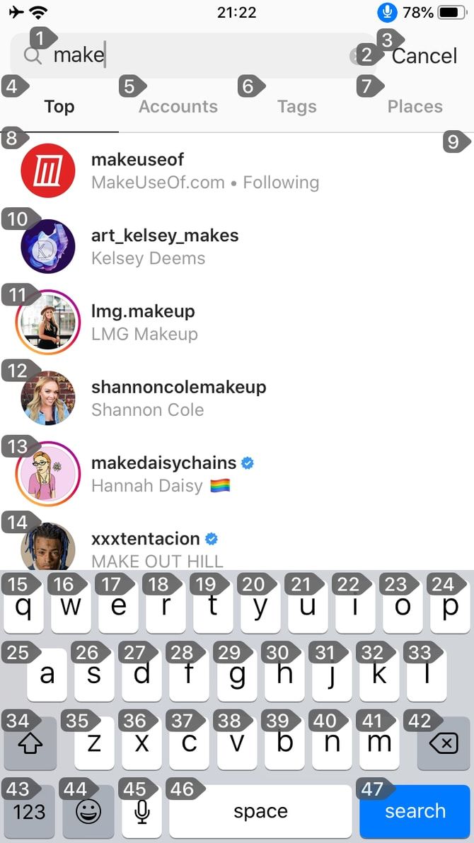 Номер 21 на экране соответствует кнопке поиска в Instagram