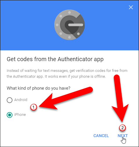 Выбор типа телефона для настройки Authenticator