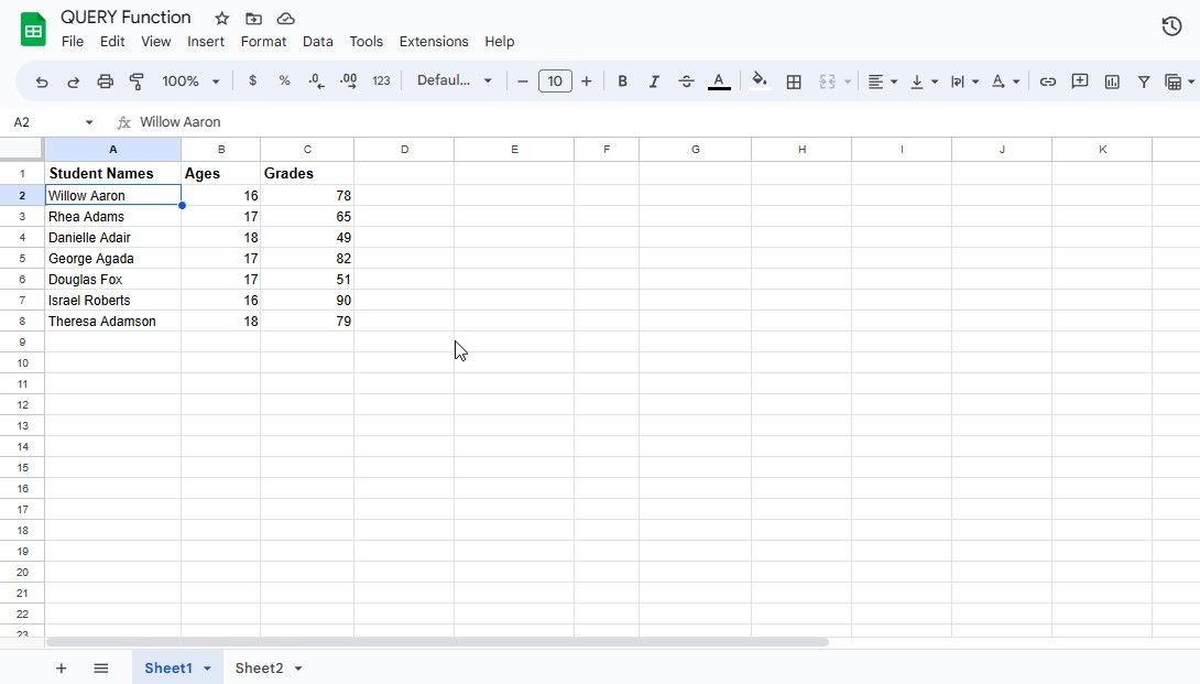 Исходный лист с данными для запроса