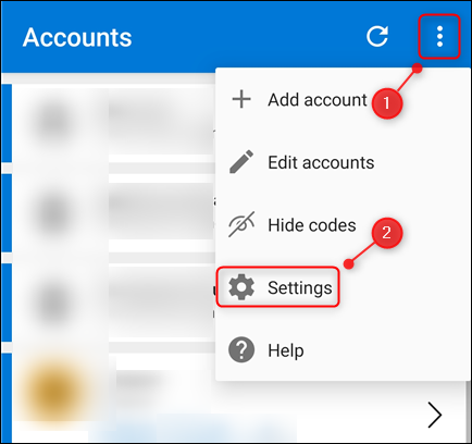 Нажмите три точки, затем 'Настройки' в Microsoft Authenticator