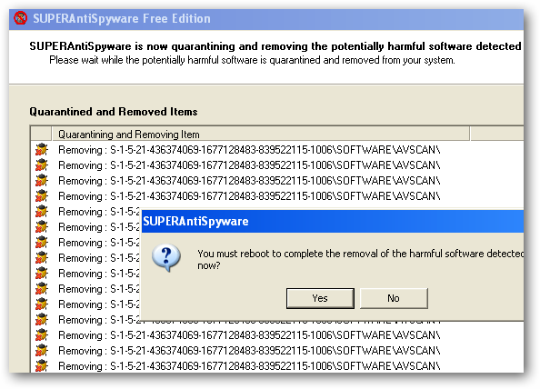 Перезагрузка системы после удаления угроз в безопасном режиме