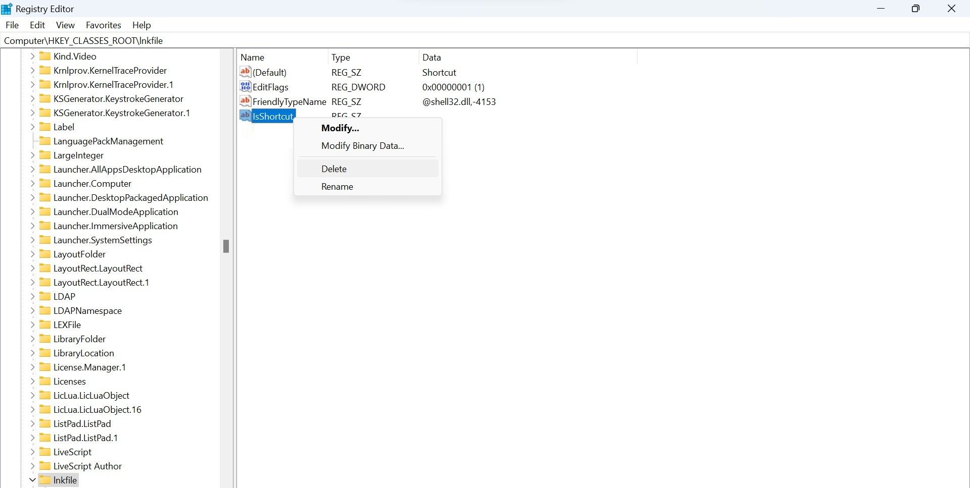 Удаление строкового значения через контекстное меню редактора реестра Windows