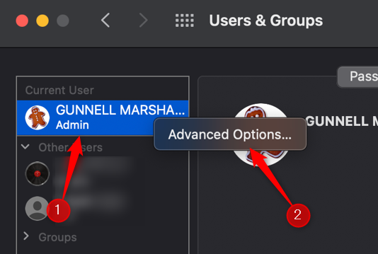 Контекстное меню учётной записи и пункт Advanced Options.