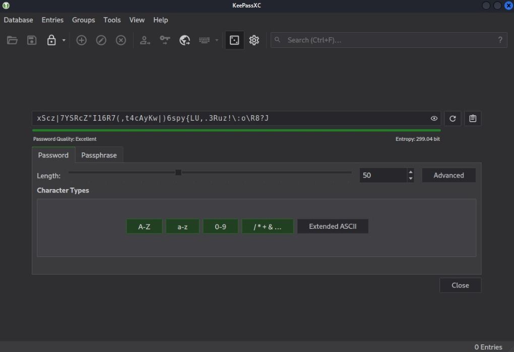 Использование генератора паролей в KeePassXC