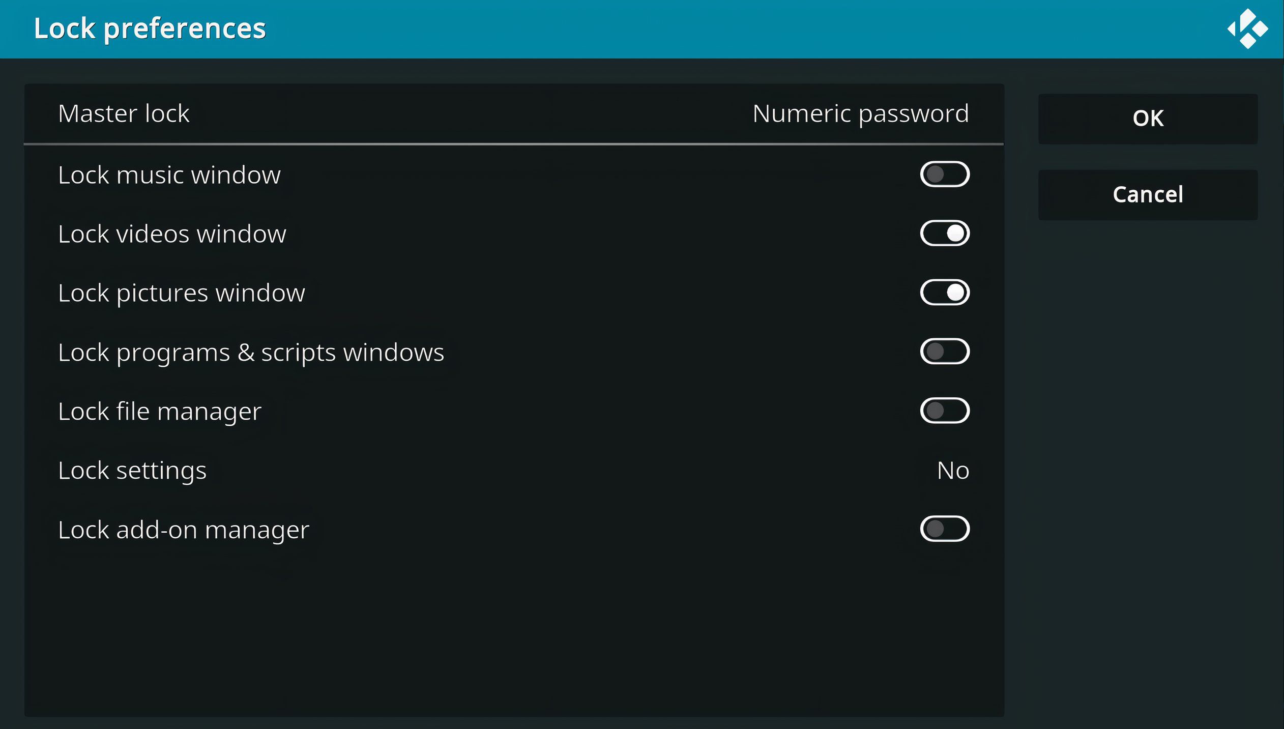 Выбор контента и настроек для ограничения доступа мастер-блокировкой.