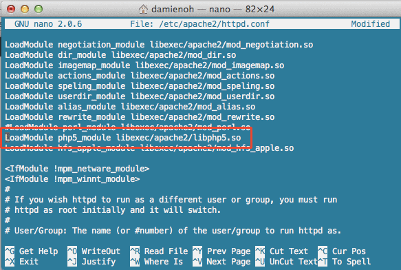 Открытый файл httpd.conf в редакторе nano с раскомментированной строкой загрузки модуля PHP