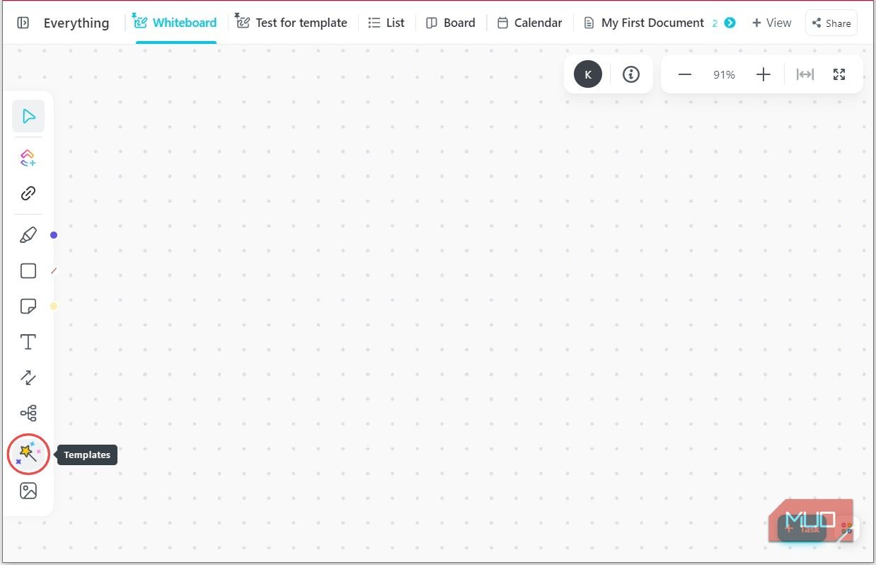 Кнопка шаблонов в ClickUp Whiteboard